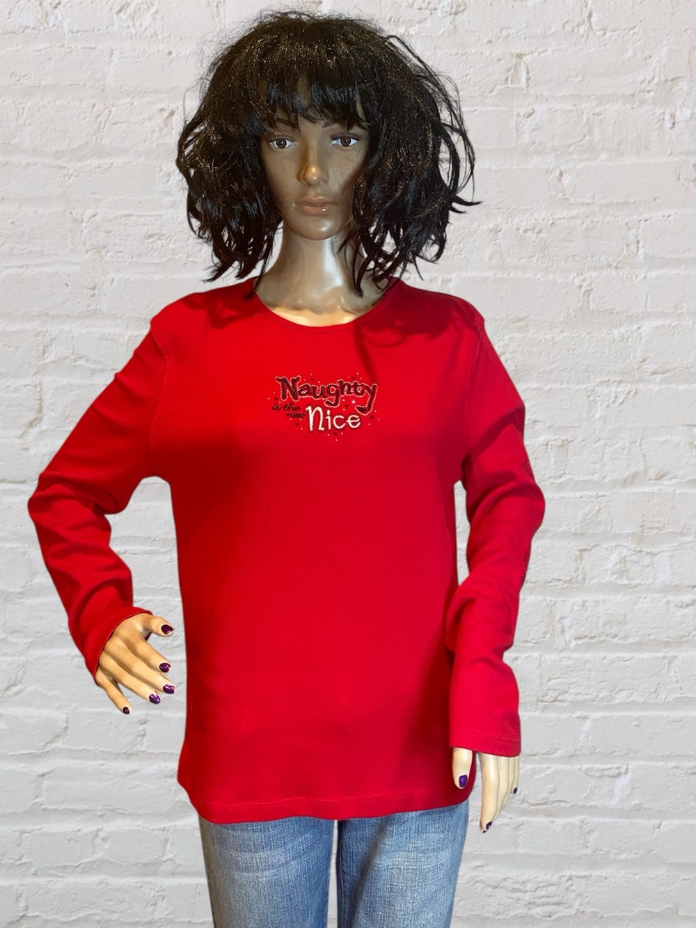 "Naughty is the New Nice" Embroidered Christmas Holiday Top Shirt Sz Large NWOT
